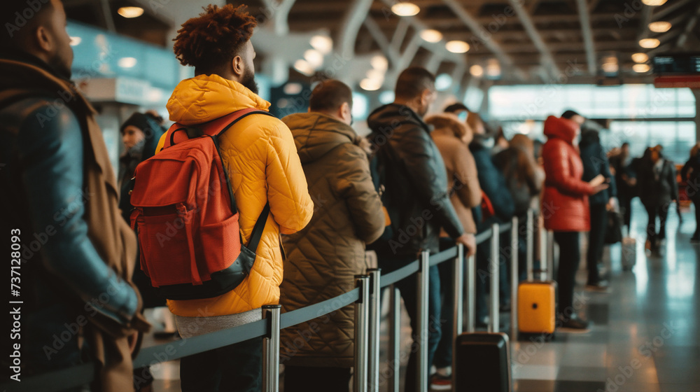 Back view of young african american man in yellow jacket with backpack standing at airport terminal and waiting for boarding Back view of young african american man in yellow jacket with backpack standing at airport terminal and waiting for boarding