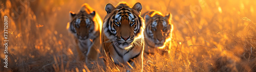 Tiger family in the savanna with setting sun shining. Group of wild animals in nature. Horizontal, banner.