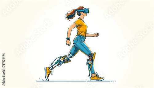 disabled woman wearing VR goggles and walking with bionic legs