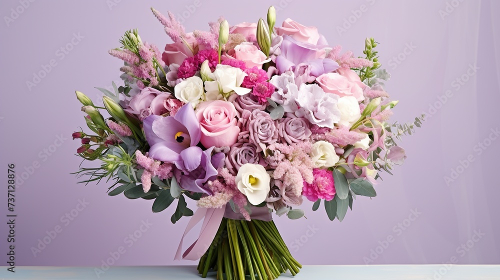 Beautiful bouquet of roses and orchids on lilac pink background. Generative AI
