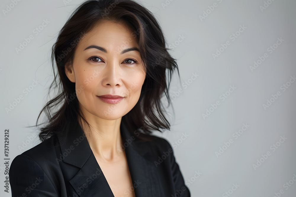 Fototapeta premium Close up portrait of beautiful elegant mature asian business woman isolated on white or light background