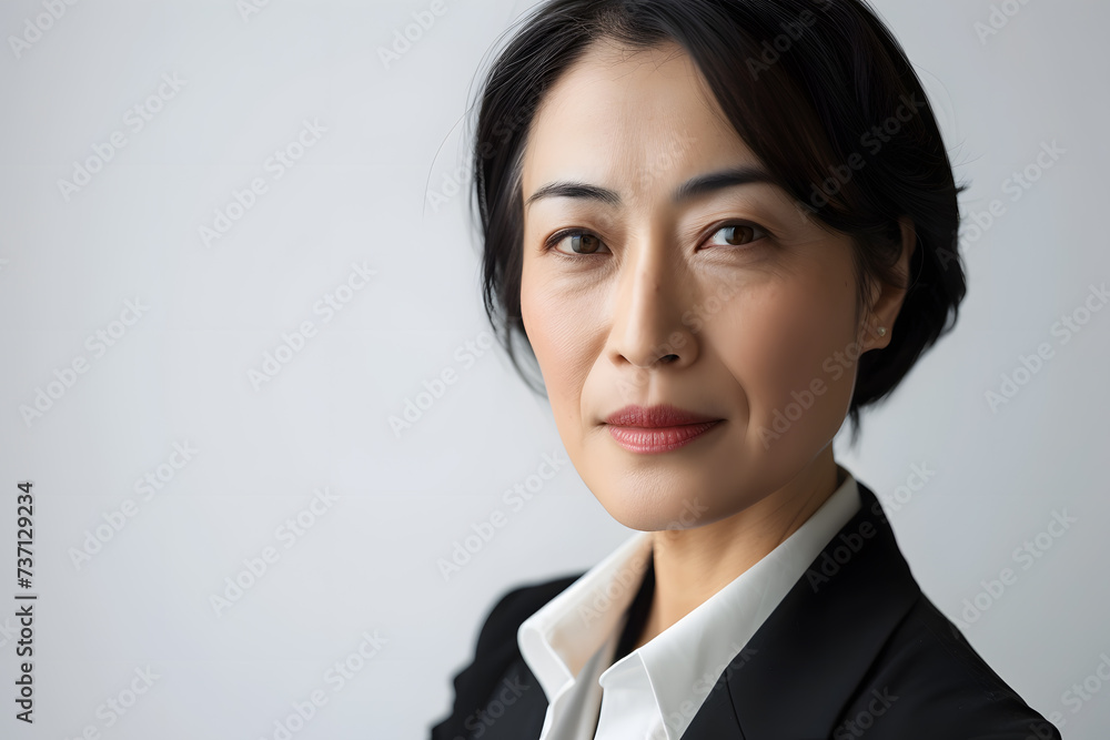 Close up portrait of beautiful elegant mature asian business woman isolated on white or light background Close up portrait of beautiful elegant mature asian business woman isolated on white or light background