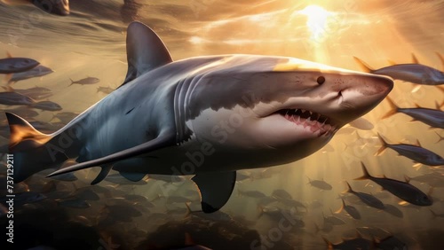 Wallpaper Mural A captivating image of a shark with its mouth wide open, surrounded by a school of fish. Torontodigital.ca