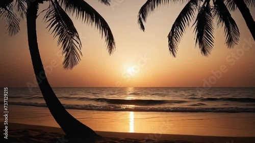 Paradise beach at sunset. Sandy beach and sea at golden hour. Vacation background. AI generated loop	
 photo