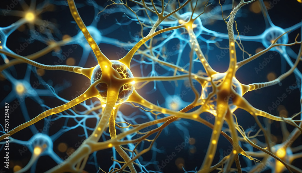 Close-up of a neuron or nerve cell integrated in the neuronal network and sending and transmitting impulses Close-up of a neuron or nerve cell integrated in the neuronal network and sending and transmitting impulses