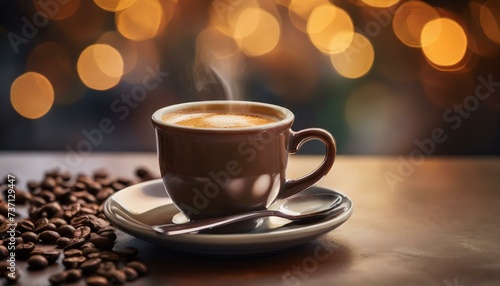 A cup of coffee on a saucer with a spoon, amazing bokeh lights