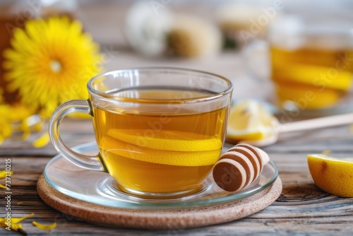 Dandelion tea with honey and lemon, soothing and medicinal, warm wooden background.