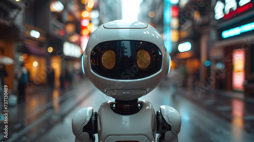 Discover the Future. Robot Roams Through City Streets, Blending Artificial Intelligence with Urban Life, Exploring the Cybernetic Metropolis, Mechanical droid in the Heart of the Modern City.