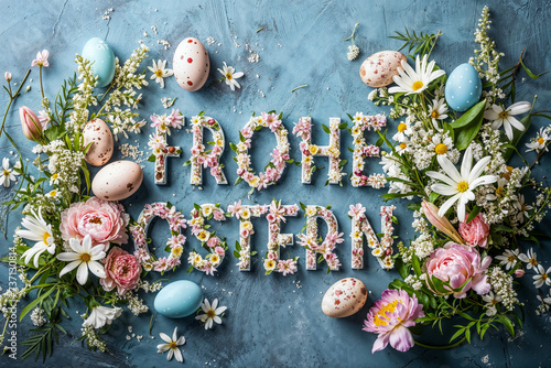 Buntes Osterarrangement mit Blumen und Text „Frohe Ostern“ auf blauem Hintergrund