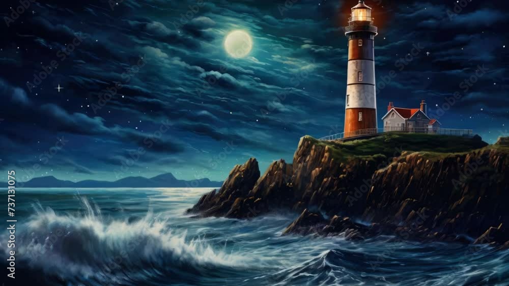 A painting of a lighthouse situated on top of a cliff. This image can ...