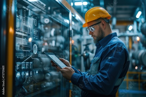 An engineer is using a tablet to monitor live machine data in a smart factory automotive industrial industry 4th IoT digital manufacturing operation