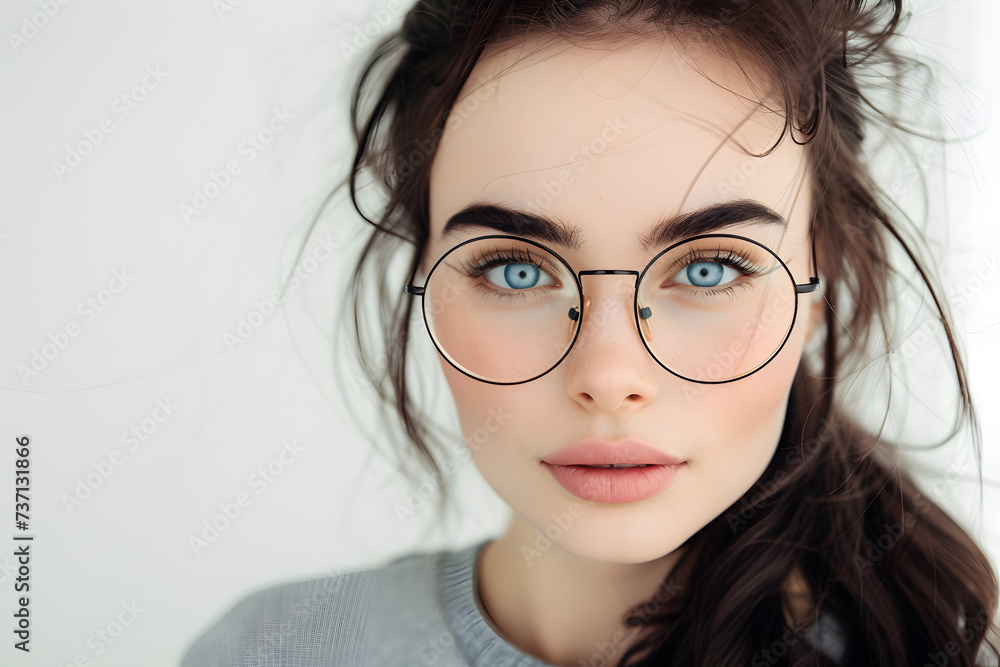 Closeup portrait of beautiful young woman wearing eyeglass isolated on white background Closeup portrait of beautiful young woman wearing eyeglass isolated on white background