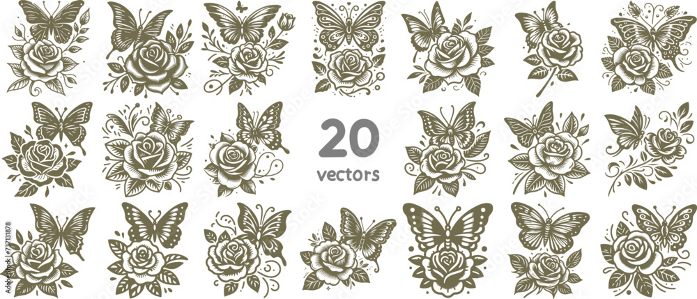 rose with butterfly simple vector monochrome drawing on white background collection of images