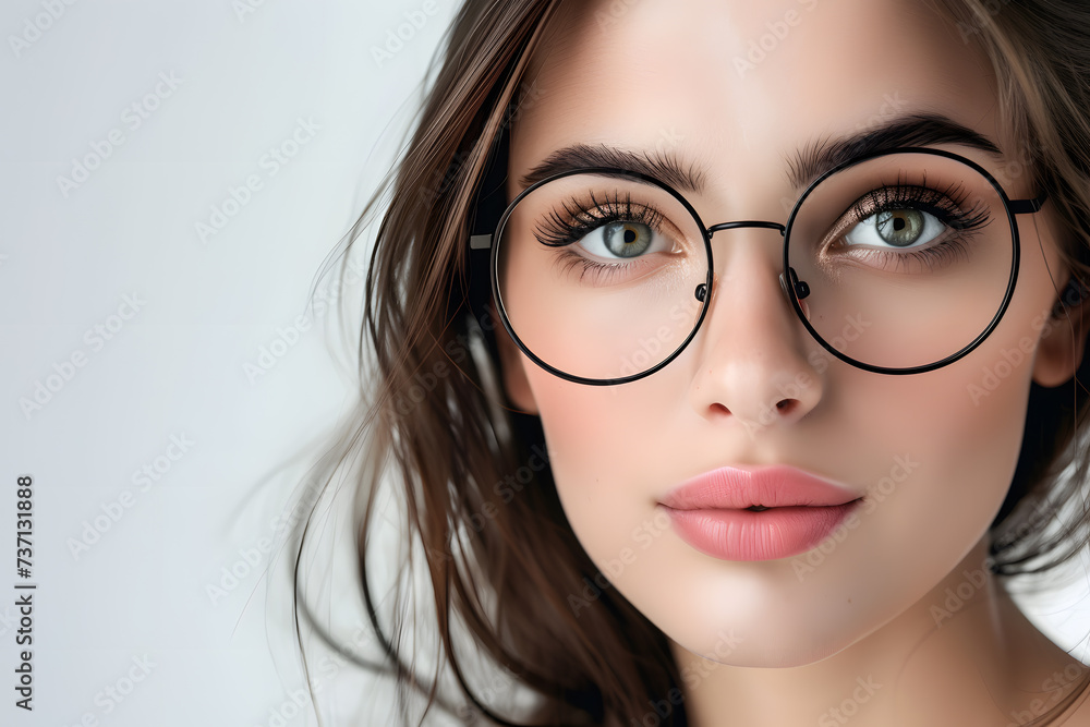 Closeup portrait of beautiful young woman wearing eyeglass isolated on white background Closeup portrait of beautiful young woman wearing eyeglass isolated on white background