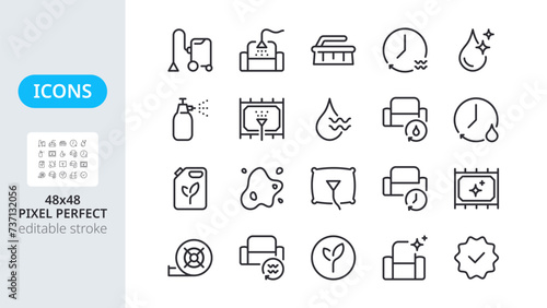 Furniture upholstery dry cleaning icons. Home hygiene. Sofa, armchair and pillow with spray extractor machine. Linear icons with editable outline. Pixel perfect 48x48.