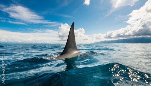 shark fin on surface of ocean agains blue cloudy sky photo
