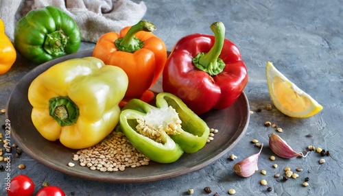different fruits of peppers with seeds in a plate and on the table