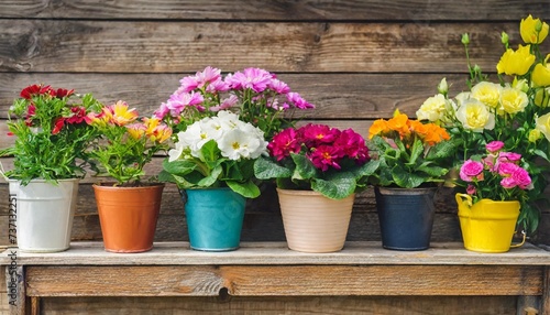 various types of colorful flowers in pots placed on wooden shelf