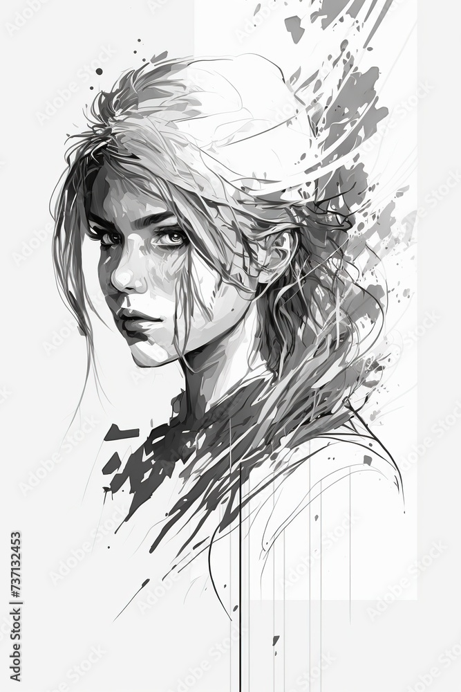 Fototapeta premium _Line_art_centre_girl_attractive_girl_white_background_ai_generative_image