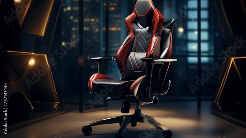 A picture of a gaming chair in a dimly lit room. Perfect for illustrating the gaming experience and creating an immersive atmosphere. Ideal for gaming-related articles, blog posts, or website designs. photo