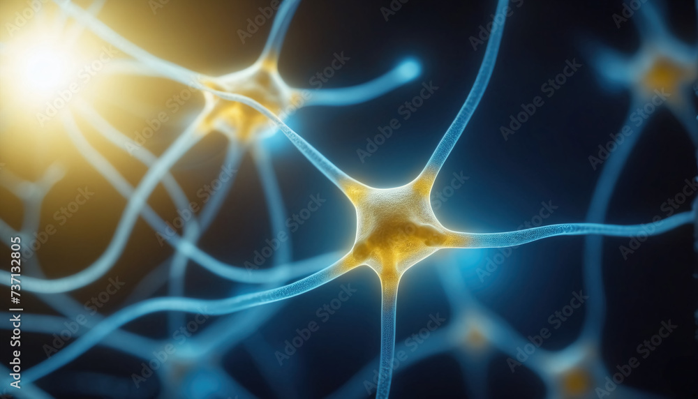 Close-up of a neuron or nerve cell integrated in the neuronal network and sending and transmitting impulses Close-up of a neuron or nerve cell integrated in the neuronal network and sending and transmitting impulses