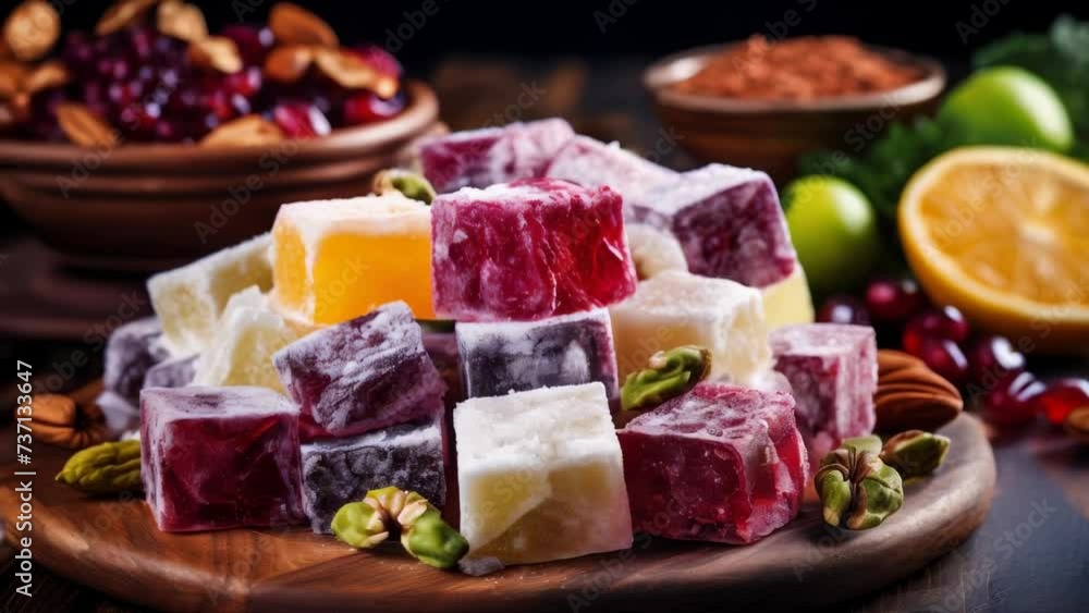 Fresh and vibrant assorted fruit cubes arranged on a wooden plate. Perfect for healthy eating concepts or summer-themed designs. Fresh and vibrant assorted fruit cubes arranged on a wooden plate. Perfect for healthy eating concepts or summer-themed designs.