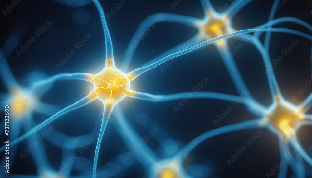 Close-up of a neuron or nerve cell integrated in the neuronal network and sending and transmitting impulses Close-up of a neuron or nerve cell integrated in the neuronal network and sending and transmitting impulses