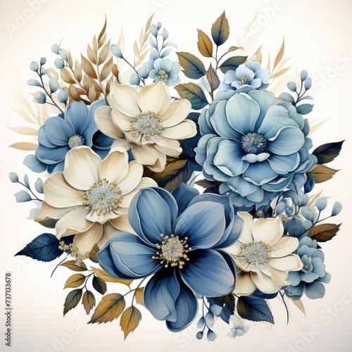 Beautiful Peony Flowers Bouquet in Blue and Beige Tones  Watercolor Illustration Isolated on White Background