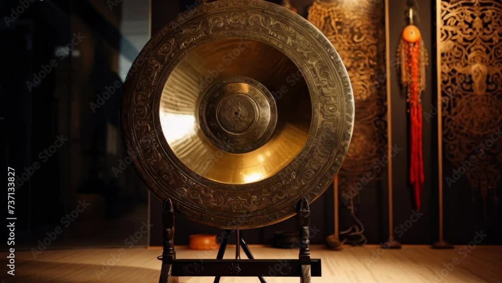 A gong on a stand in a room. Suitable for meditation or Asian-themed designs. A gong on a stand in a room. Suitable for meditation or Asian-themed designs.
