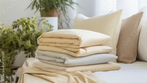 Folded sheets neatly stacked on top of a bed. Perfect for showcasing a clean and organized bedroom.