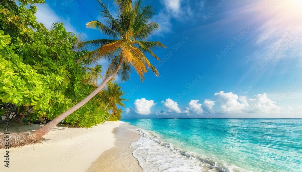 fantastic sunny panorama at maldives luxury resort seascape majestic sea waves coconut palm trees sand sunshine sky beauty paradise beach popular destination best summer vacation travel background - obrazy, fototapety, plakaty 