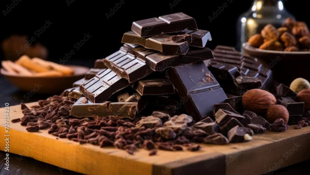 A stack of chocolate bars arranged neatly on a rustic wooden cutting board. Perfect for food or dessert-related projects. A stack of chocolate bars arranged neatly on a rustic wooden cutting board. Perfect for food or dessert-related projects.