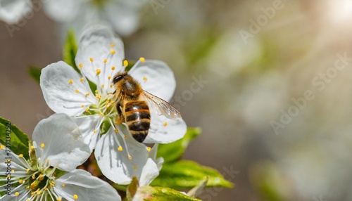 springtime flowering branches and a bee with copy space banner
