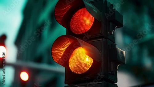 A close up view of a traffic light on a city street. This image can be used to illustrate urban infrastructure or transportation concepts. photo