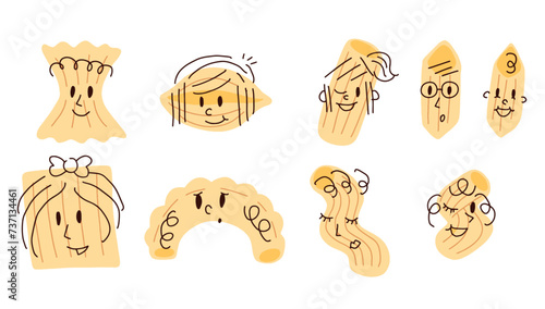 Pasta Character. Set of Smiling Kawaii happy face of spaghetti or italian macaroni food. Decoration for restaurant menu. Traditional ingredient mascot. Flat cartoon illustration