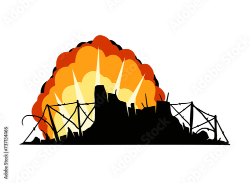 Barbed wire. Scenery of modern military conflict. Comic boom explosion. Big cartoon fireball. Fire bang and exploding. Silhouette of military barricades. Defensive fortifications.
