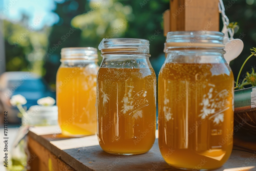 Kombucha brewing process, jars and equipment, educational and detailed. Kombucha brewing process, jars and equipment, educational and detailed.
