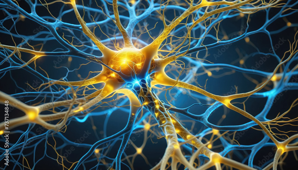Close-up of a neuron or nerve cell integrated in the neuronal network and sending and transmitting impulses Close-up of a neuron or nerve cell integrated in the neuronal network and sending and transmitting impulses