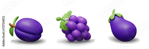 Set of purple vegetables, berries, fruits of purple color. Vector isolated objects