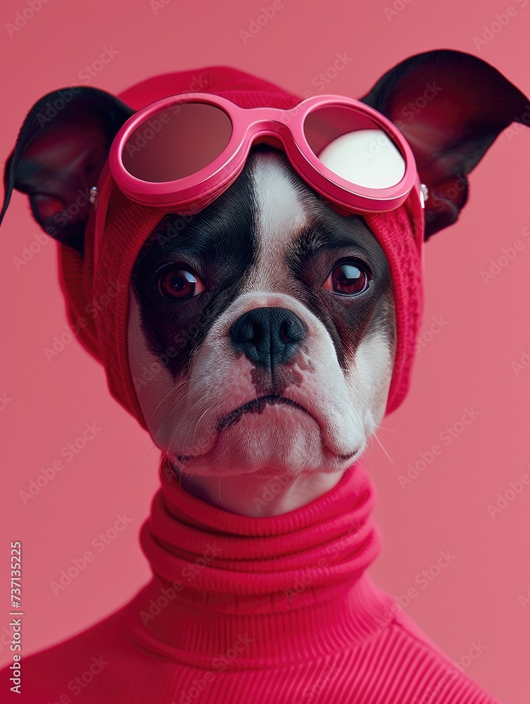 Boston Terrier dog portrait with high necked sweater, showcasing innovative and fashionable beauty trends from the 1960s