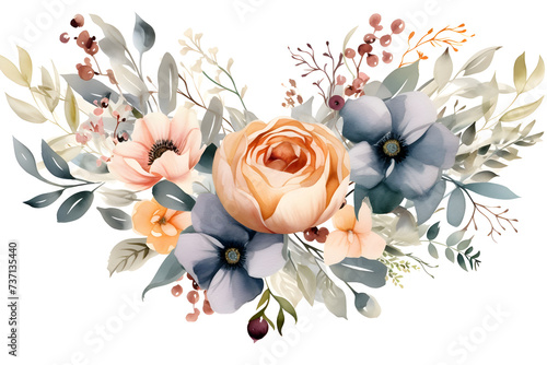 heart shaped flowers bouquet  Romantic heart vignette made of vintage flowers and leaves of roses in gentle retro style watercolor painting
