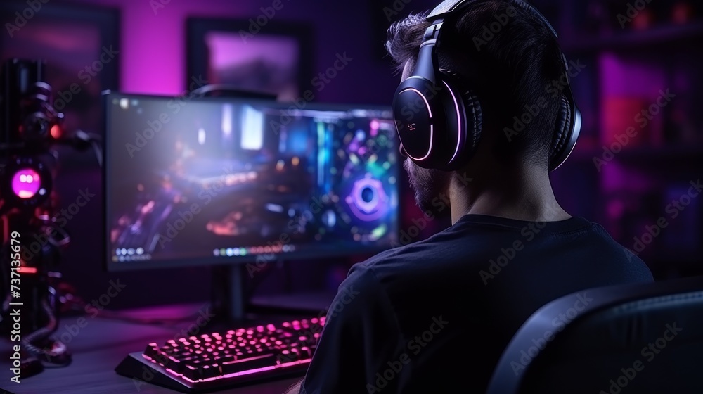 Professional male esports streamer playing online game computer with headphones Professional male esports streamer playing online game computer with headphones