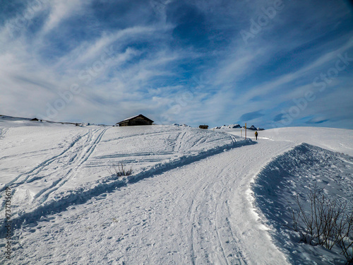 dolomites snow panorama wooden hut val badia armentarola hill photo