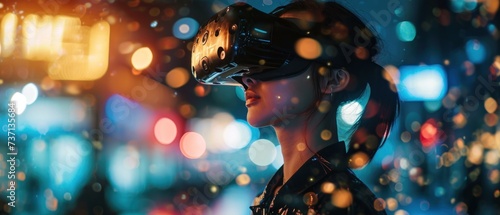 Profile of a young woman wearing a virtual reality headset, immersed in a dynamic cosmos simulation with sparkling particles around her.