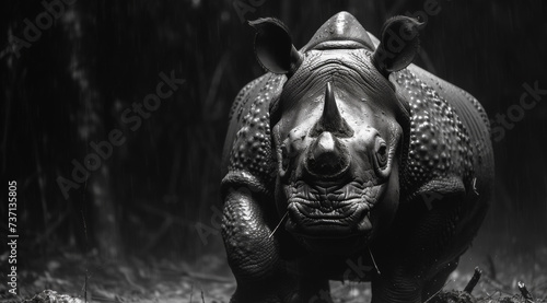 Black and white photo of a javan rhinoceros(Rhinoceros sondaicus) staring intently at the camera, ai generated photo