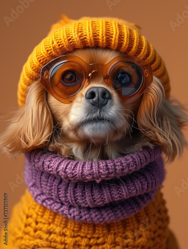 Cocker Spaniel dog portrait with high necked sweater, showcasing innovative and fashionable beauty trends from the 1960s
