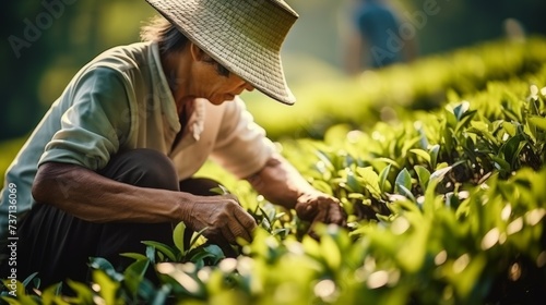 Male worker picking tea leaves using a lute hat on green plantation. man working on Tea farm harvest photo