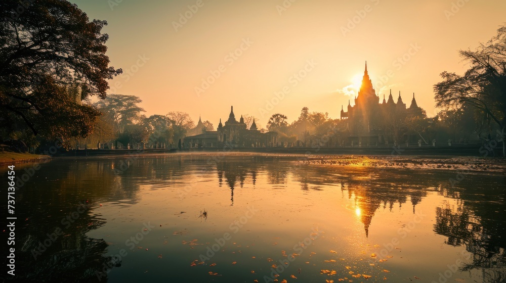 A tranquil dawn breaks over a temple complex, its silhouette and the surrounding foliage reflected in the calm lake waters, creating a harmonious blend of architecture and nature.
