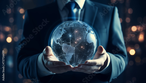 Businessman holding global network connection on social networking and customer data analytics, Business strategy and smart intelligence, digital marketing, Technology and global business. photo