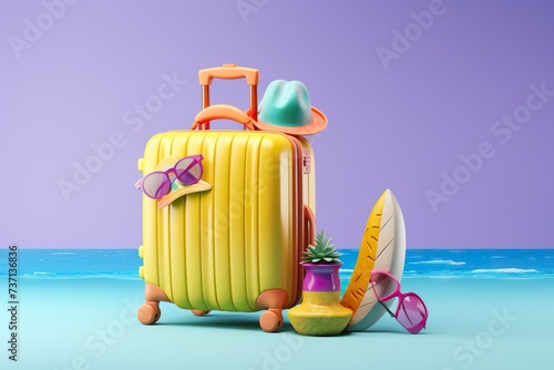 3d Travel accessories with suitcase with classy background copy space travel suitcase